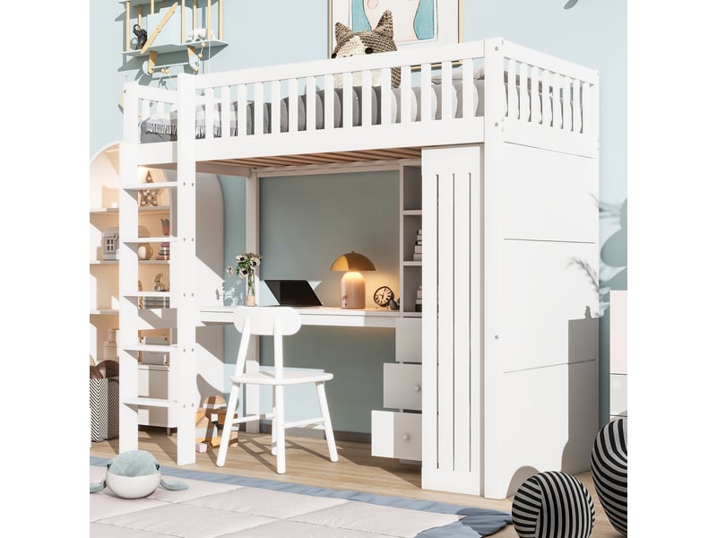  Lit mezzanine 90x200 cm avec bureau, armoire, 3 tiroirs et 3 niches, pin et mdf, blanc, sans matelas  - Conforama W