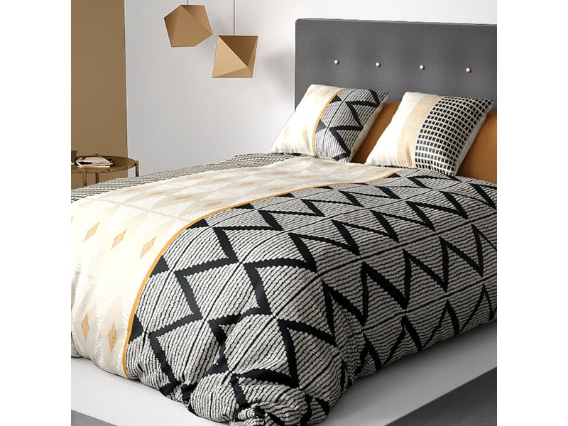  Parure housse de couette 260x240cm + 2 taies motif ethnique beige et noir 100% coton - diana DIANA - Conforama B