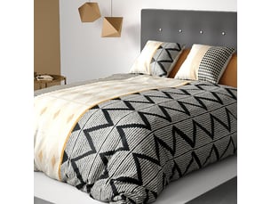 Parure housse de couette 260x240cm + 2 taies motif ethnique beige et noir 100% coton - diana