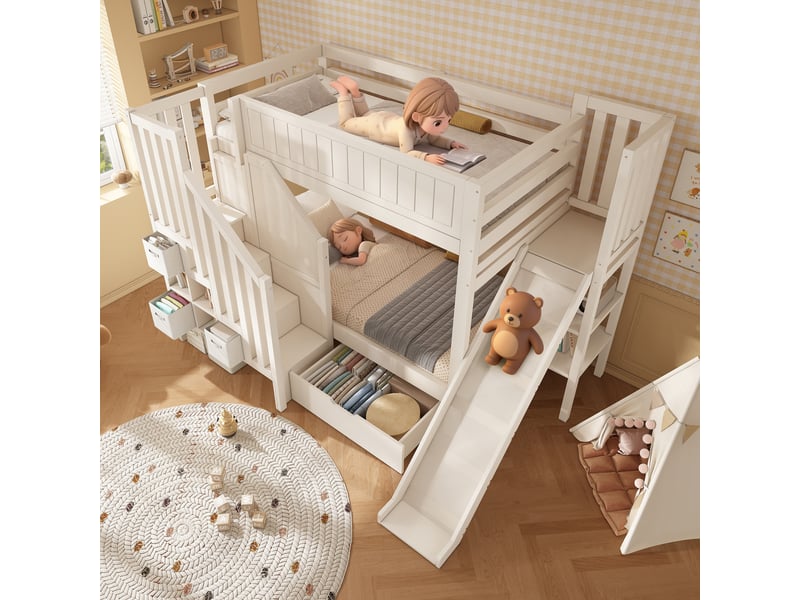  Lit superposé enfant 90x200 - lit enfant bois avec toboggan - escalier rangement - tiroirs - étagère ouverte - 2 couchages - blanc  - Conforama B