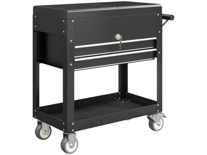 Armoire à outils roulante noire en acier avec tiroirs, surface de travail, serrure et poignée, coffre mobile pour atelier  - Conforama A