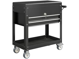 Armoire à outils roulante noire en acier avec tiroirs, surface de travail, serrure et poignée, coffre mobile pour atelier