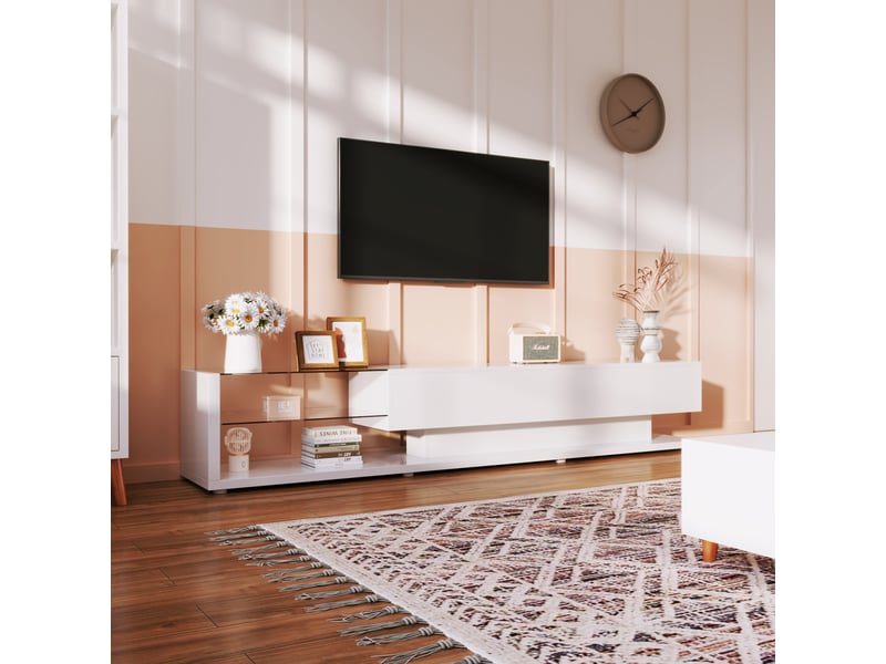 Meuble tv, blanc laqué brillant, 2 tiroirs, led d'ambiance, miroir intégré, design moderne et élégant pour salon - Conforama E