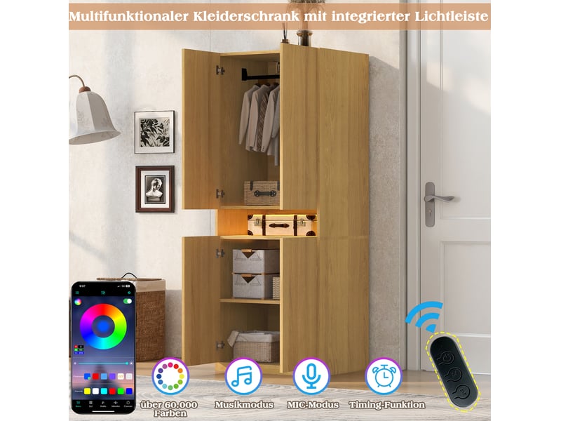 Armoire 4 portes avec penderie, niche éclairée par led et rangements, couleur bois clair, chambre 70 × 55 × 180 cm - Conforama E