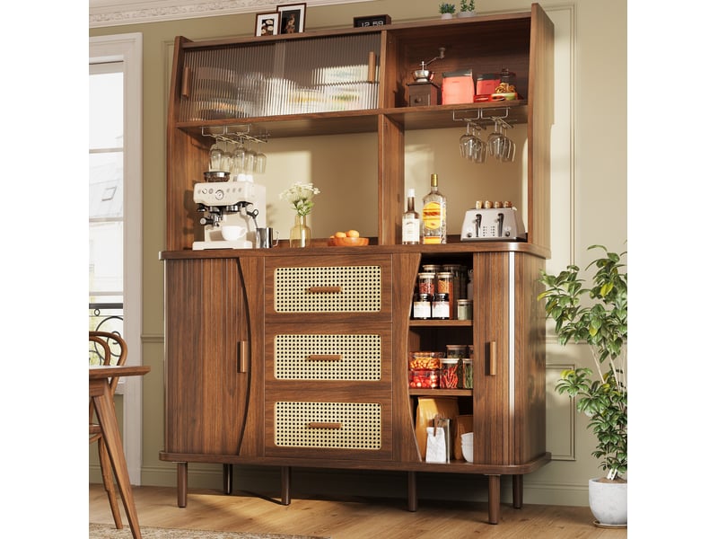  Buffet de cuisine avec 3 tiroirs, portes coulissantes en verre et niches, pour salle à manger, 140 × 40,5 × 174,5 cm  - Conforama B