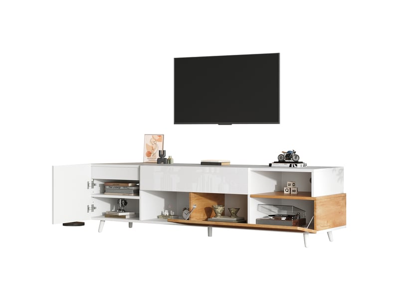  Meuble tv tcqpz 180 x 38 x 50 cm blanc et bois naturel avec tiroir, rangements multiples, pour tv jusqu'à 75 pouces  - Conforama A