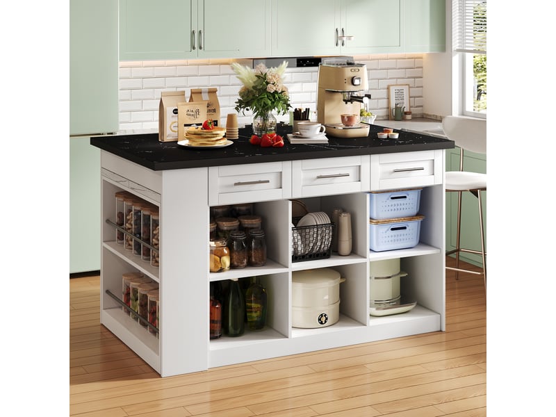  Îlot central de cuisine 150x90cm - avec table extensible 96cm, plan effet marbre noirblanc &amp; rangements - blanc  - Conforama D