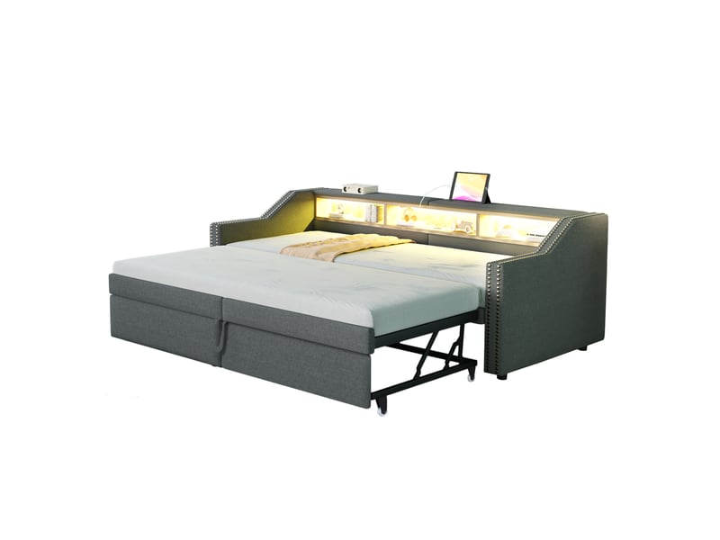  Lit banquette 1 place 90×200 cm et 180×200 cm, led et usb - okmyhome- 3 étagères, 2 matelas inclus  - Conforama A