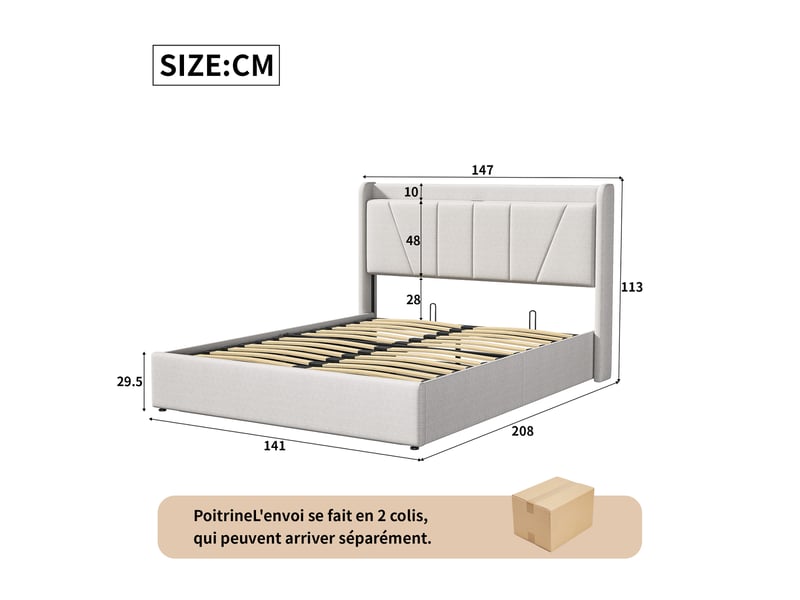  Lit double coffre - 140 x 200 cm - beige - lin, tête de lit rembourrée avec ports usb et type-c, vérins hydrauliques  - Conforama B