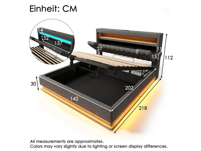  Lit coffre 140 x 200 cm gris en lin avec matelas, led, usb et usb-c  - Conforama E