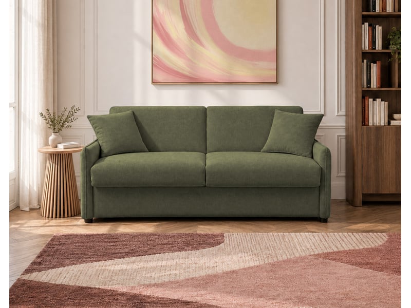 Adele - canapé lit 3 places convertible express couchage quotidien 140x190 cm matelas 14 cm en tissu texturé - best mobilier - vert kaki ADELE - Conforama B