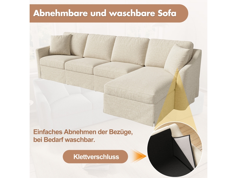  Canapé d'angle 4 places - 274x128.5x83 cm - rangement intégré - assise à ressorts - tissu effet lin - mobilier de salon - beige CozyNest - Conforama E