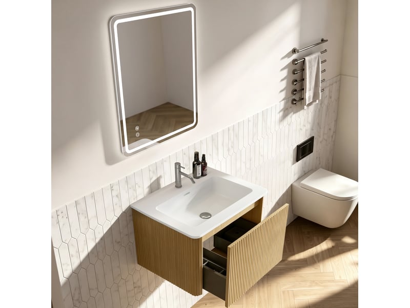  Meuble de salle de bains suspendu 60 cm – chêne clair – 1 tiroir, vasque et miroir led 60x80 cm  - Conforama B