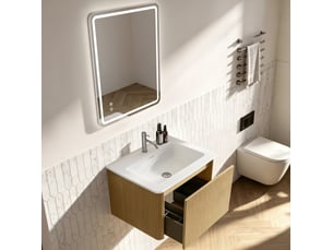 Meuble de salle de bains suspendu 60 cm – chêne clair – 1 tiroir, vasque et miroir led 60x80 cm