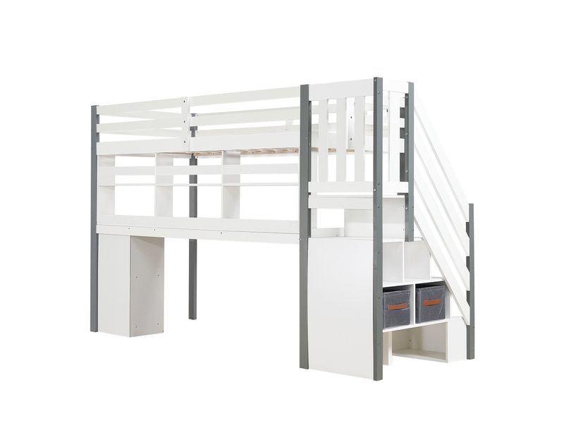  Lit mezzanine 90x200 cm avec rangement, pin et mdf blancgris  - Conforama D