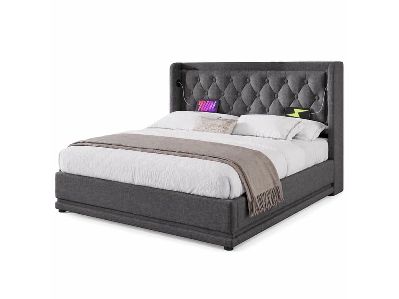 Lit double avec rangement hydraulique gris en coton 140 x 200 cm avec led et ports usbtype-c - Conforama A