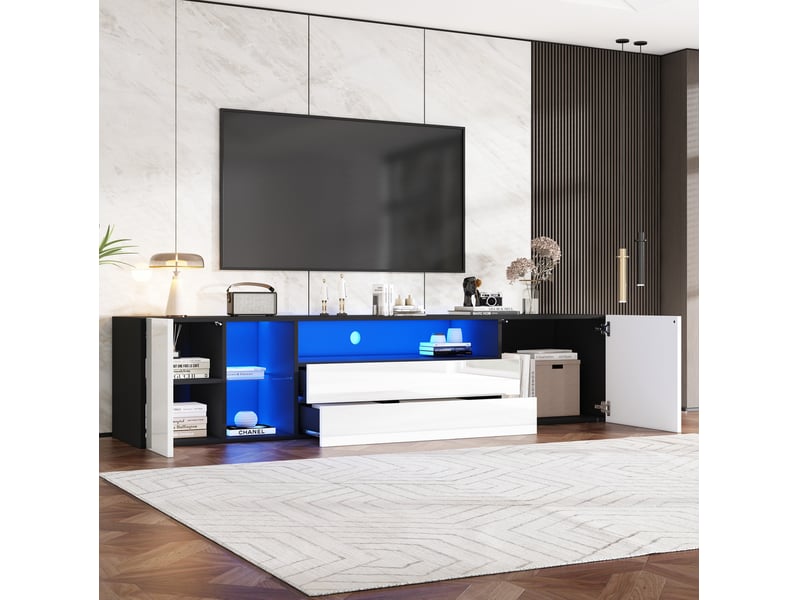  Meuble tv 180 x 40 x 45 cm avec led, 2 tiroirs, 2 placards, blanc et noir  - Conforama D