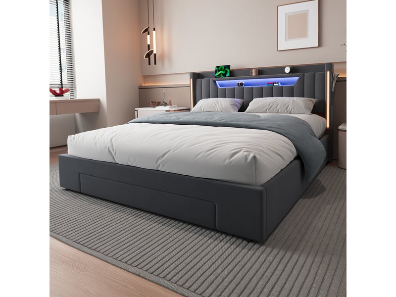  Lit coffre 2 places 160x200 cm avec led coloris gris foncé  - Conforama E