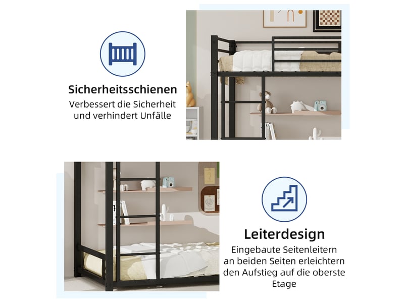  Lit superposé métal 90x190 cm - lit enfant 2 couchages - cadre robuste stable avec barrière sécurité et échelle 3 marches - noir  - Conforama D