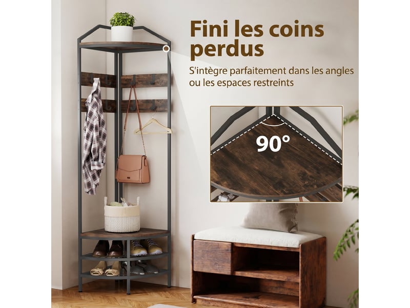 Meuble d'entrée d'angle, vestiaire à 4 niveaux, rangement pour chaussures, 8 patères mobiles, brun rustique, 2 étagères  - Conforama E