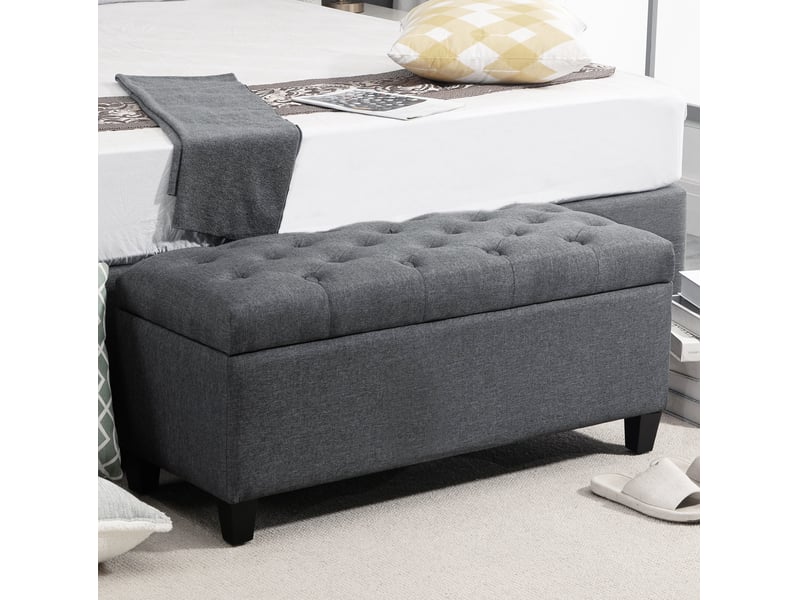  Banc coffre 100x40x44 cm, banc de lit classique, assise moelleuse, rangement intégré, rangement, polyester, gris foncé  - Conforama B