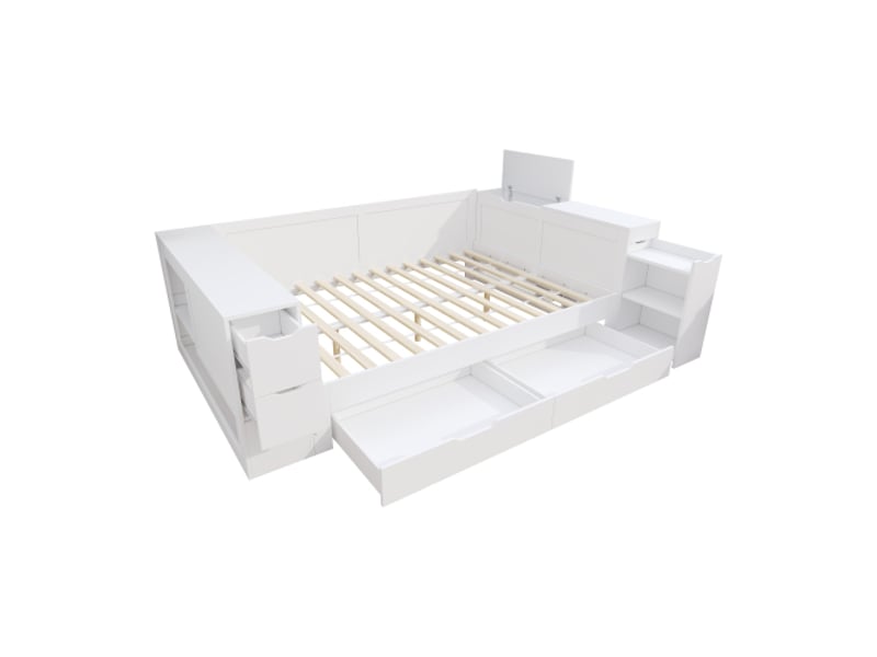 Lit coffre 140x190 cm avec tiroirs et rangement latéral, table de chevet coulissante, en bois, blanc, sans matelas  - Conforama D