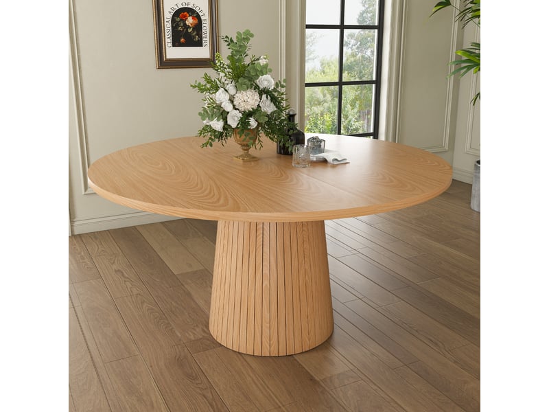  Table à manger ronde 110 cm, plateau mdf plaqué chêne, piètement cylindrique renforcé en métal, style campagne Bliss Lite - Conforama B