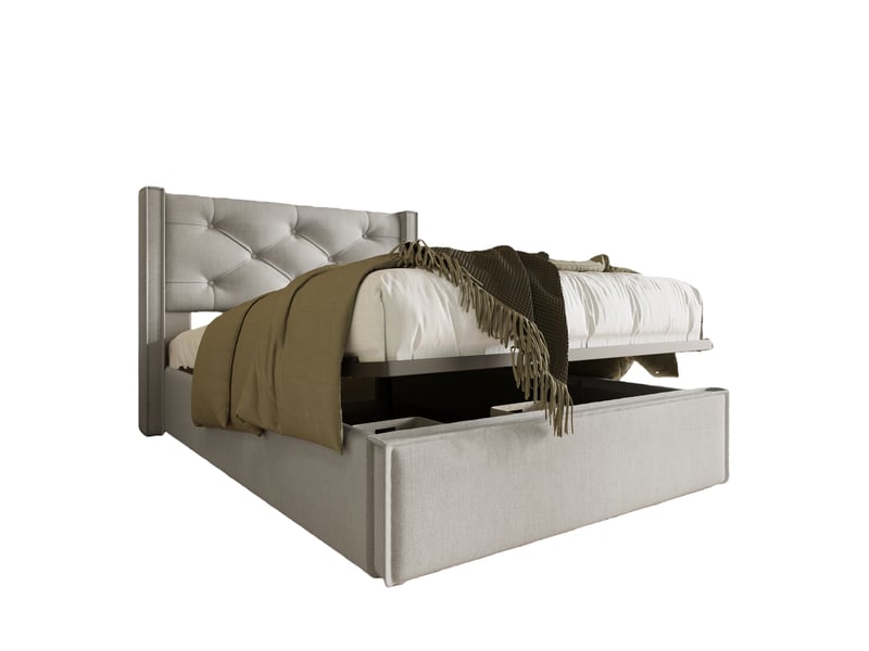 Lit coffre 90x200 cm – lit simple capitonné avec tête de lit et rangement – métal – avec matelas – gris clair - Conforama A