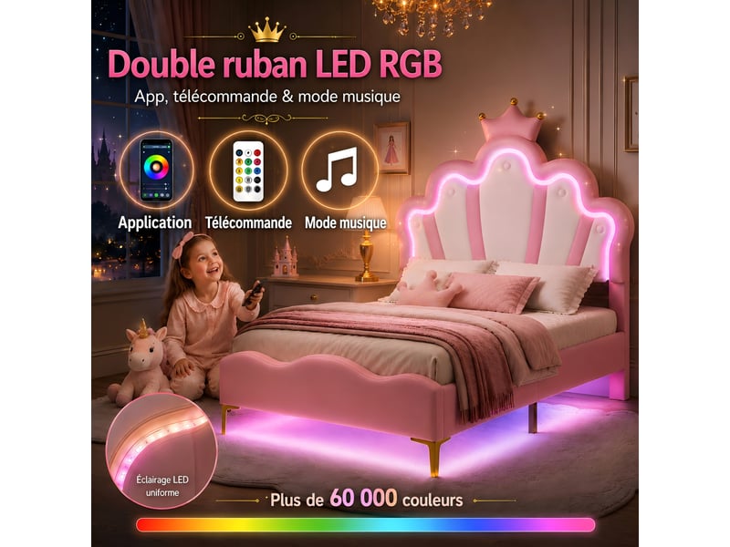 Lit enfant 90x190 cm, lit rembourré en similicuir pu rose avec tête de lit couronne et nuage, éclairage double led rgb (tête et sous le lit), hauteur réglable - Conforama D