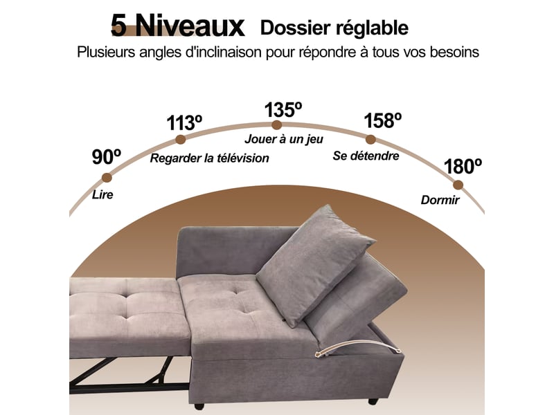  Canapé convertible lit gris tissu lin, canapé-lit 3 en 1 avec tiroirs intégrés et dossier réglable pour salon ou chambre  - Conforama R