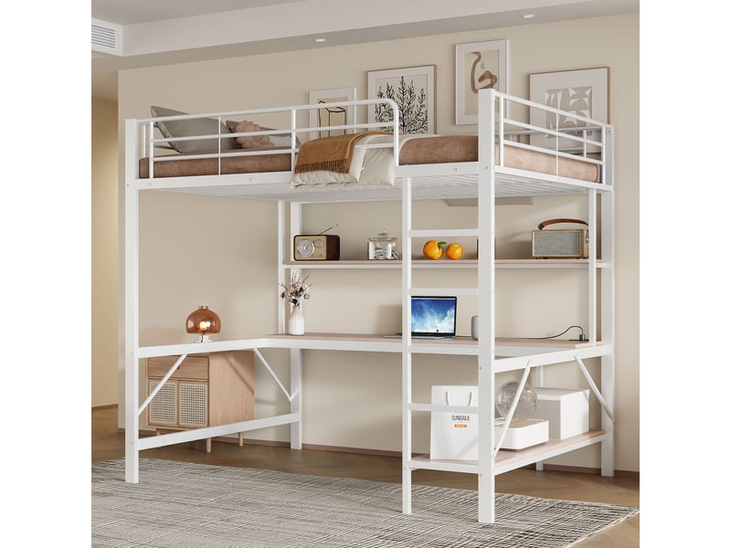 Lit mezzanine enfant 200×140 cm avec bureau, étagères, éclairage led et prises usb, sans matelas, blanc  - Conforama C