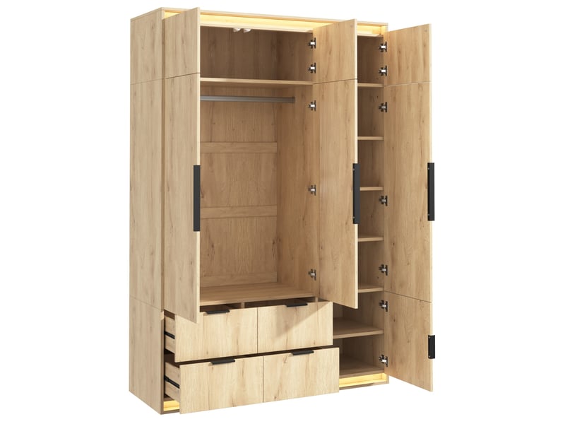 Armoire 3 portes 135 x 47 x 200 cm – bois clair – miroir, éclairage led, 4 tiroirs et 1 penderie - Conforama D
