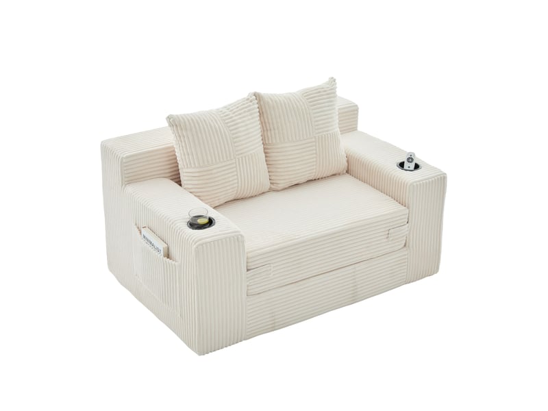  Fauteuil pouf double avec coussins, poches latérales et accoudoirs en velours côtelé beige, 151 × 133 × 64 cm  - Conforama A