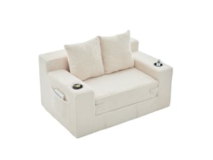 Fauteuil pouf double avec coussins, poches latérales et accoudoirs en velours côtelé beige, 151 × 133 × 64 cm