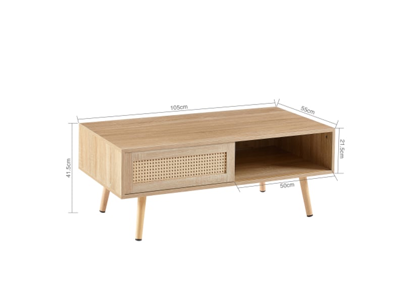  Table basse en osier tressé, portes coulissantes, pieds bois massif – design moderne, couleur naturelle, 40×105×55 cm  - Conforama C