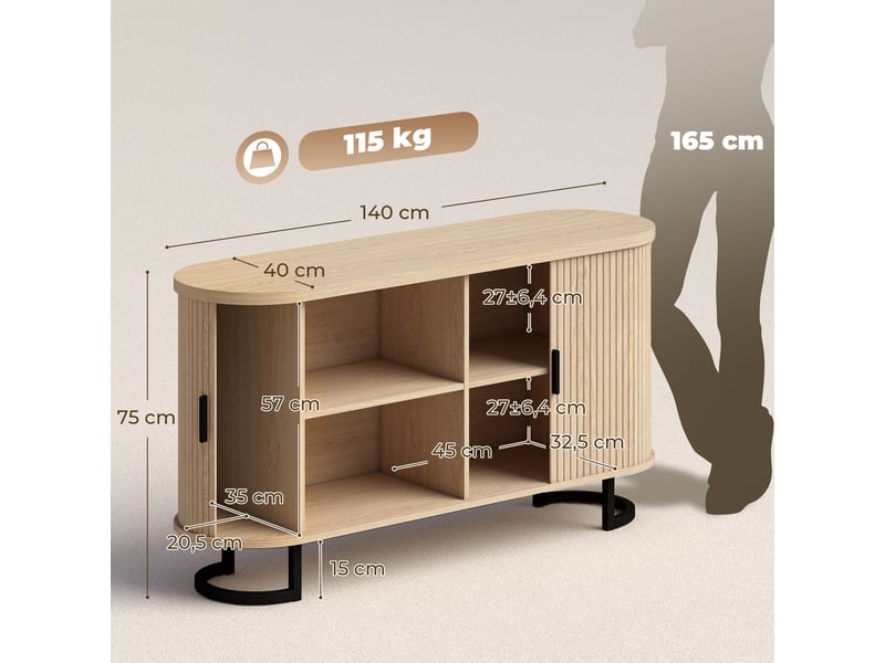 Buffet salon, meuble de rangement ovale avec 2 portes coulissantes et étagères réglables, 140x40x75cm, bois naturel - Conforama E