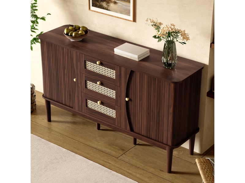  Buffet 141x40x77 cm avec 2 portes coulissantes et 3 tiroirs en rotin, commode avec étagères réglables et plateau arrondi, finition bois et rotin OPULERANE TRADING LTD - Conforama E
