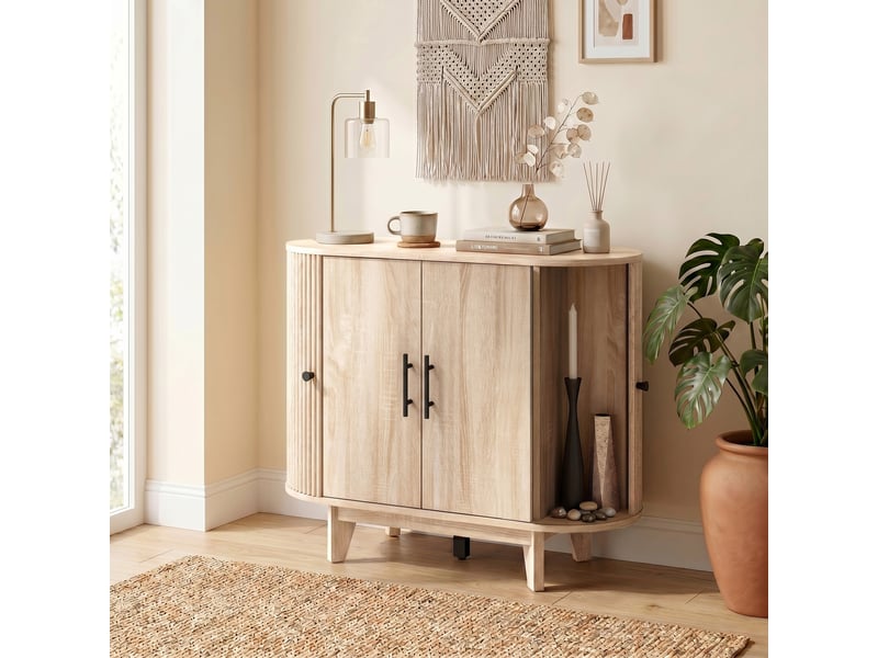 Buffet salon, meuble de rangement ovale avec 4 portes et étagères réglables, 90 x 40 x 76 cm, chêne - Conforama C