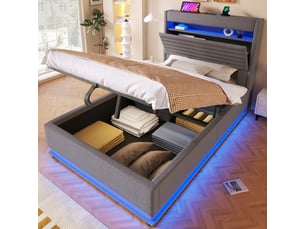 Lit coffre simple 90×200 cm led réglable, usb et type-c - sans matelas, tissu gris