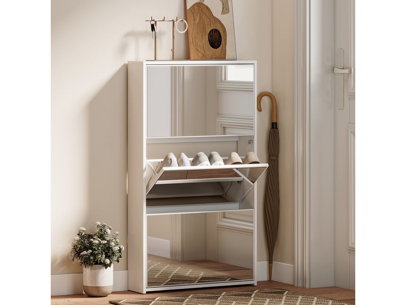  Étagère à chaussures miroir avec 3 tiroirs à abattants pour 9 paires de chaussures, en bois, 65 x 17 x 114,5 cm, blanche  - Conforama B