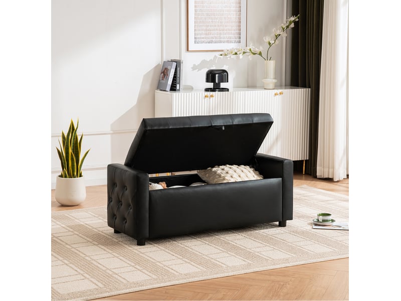  Banc coffre rectangulaire 122x45x47 cm en similicuir noir avec rangement  - Conforama B