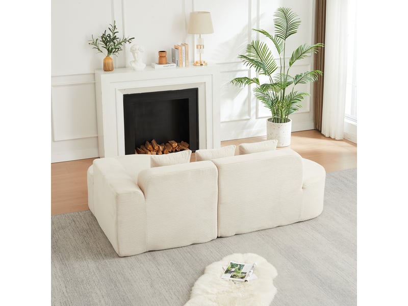 Canapé modulable en l 220 cm en velours côtelé, avec dossier et accoudoirs incurvés, 3 coussins - beige - Conforama E