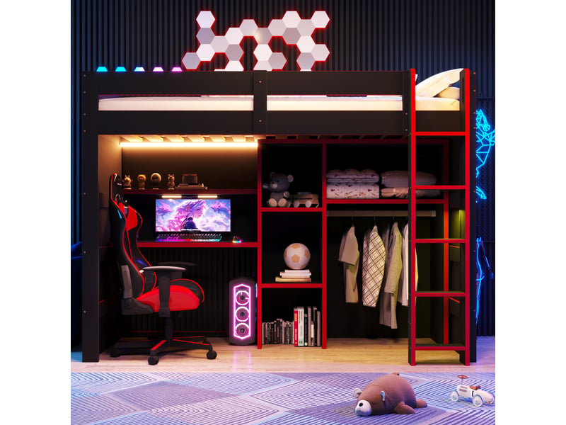 Lit mezzanine 90x200 cm avec éclairage led et ports usb et usb-c en bois, mdf, noir CARDUME ESTIVAL - Conforama B