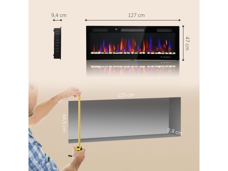  Cheminée électrique encastrable ultra-mince avec flamme 3d, luminosité et vitesse réglables, 12 couleurs de galets, 9001800 w  - Conforama C