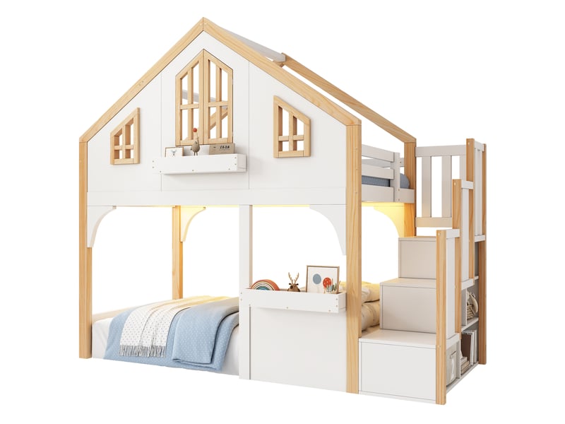 Lit superposé enfant 90x200 cm avec led, escalier de rangement, blanc et bois - Conforama A