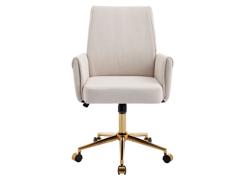  Fauteuil de bureau réglable en hauteur blanc en velours côtelé, dossier ergonomique et base dorée à roulettes  - Conforama A