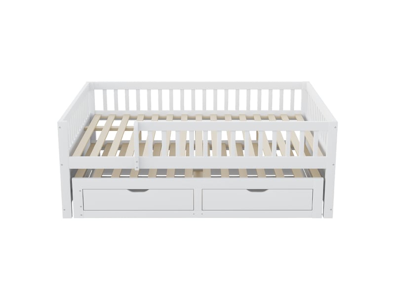  Lit banquette avec lit gigogne et 2 tiroirs, bois massif blanc, 140x200 cm, barrières et sommier  - Conforama A