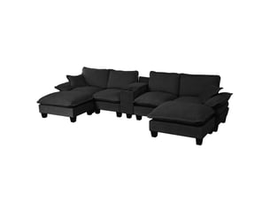 Canapé modulable en nuage en forme de u, inspiré d'un voilier, avec porte-gobelets et rangement, port usb, 2 ottomans & 2 coussins, tissu chenille pour appartements & salon, noir