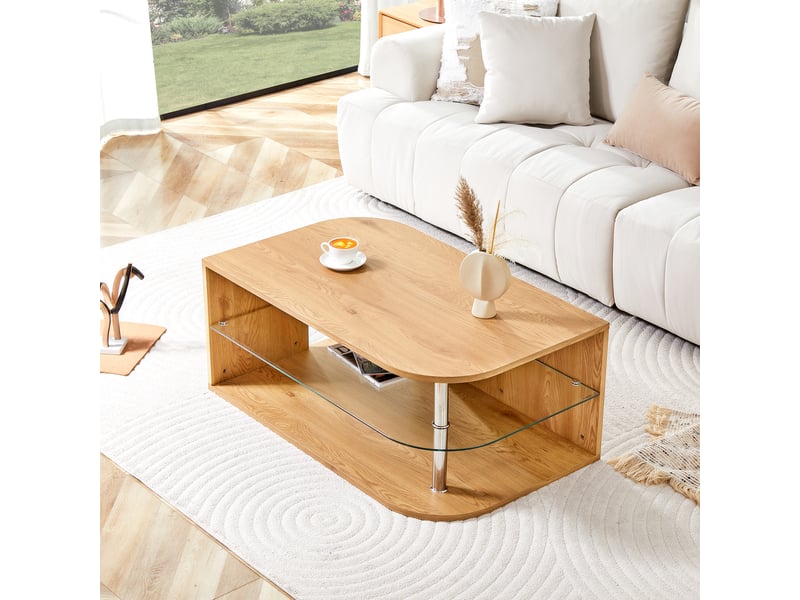  Table basse avec 2 niveaux de rangement, style scandinave, en mdf et verre trempé, bois naturel, 100 × 60 × 42 cm  - Conforama E