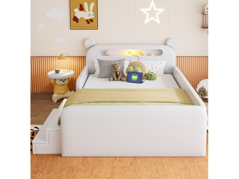 Lit enfant double 140 × 200 cm avec veilleuse, usb, rangements et barrières, sans matelas, en similicuir blanc - Conforama C